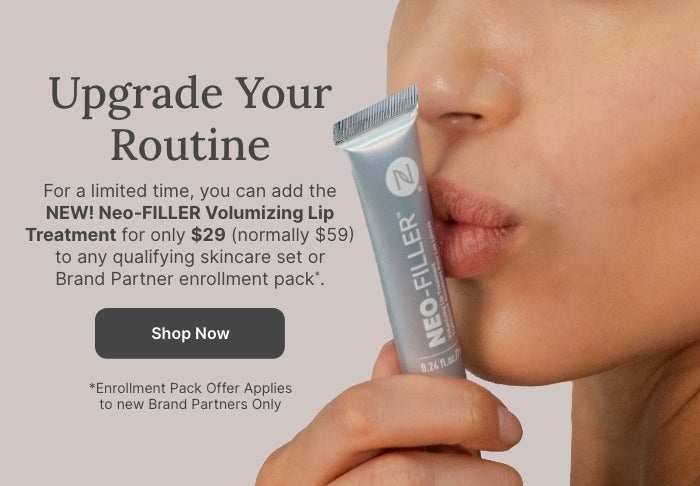 50% OFF Neo-FILLER Volumizing Lip Treatment with any Neo-FILLER or Neo-FILLER Set purchase. Featured is a woman kissing a tube of Neo-FILLER Volumizing Lip Treatment.
